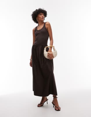 & Other Stories mixed jersey and woven maxi dress with volume hem in dark brown