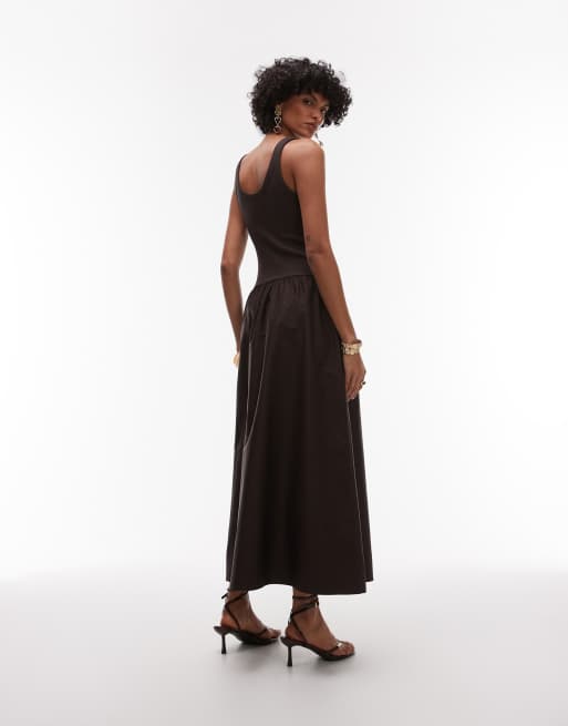 & Other Stories mixed jersey and woven maxi dress with volume hem in dark brown, 2 of 4
