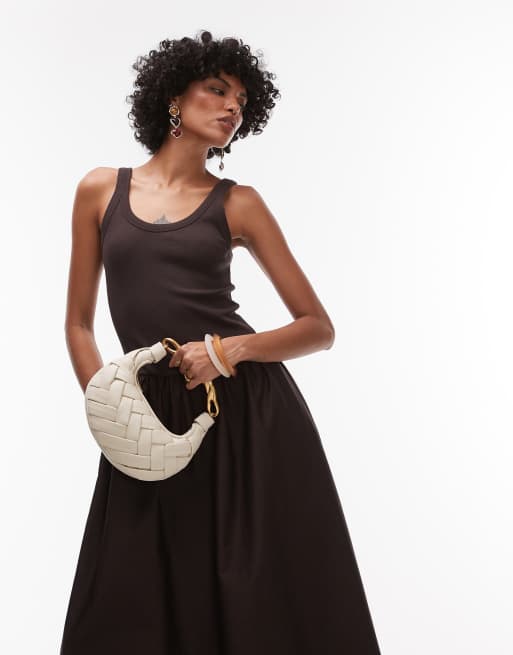 & Other Stories mixed jersey and woven maxi dress with volume hem in dark brown, 3 of 4