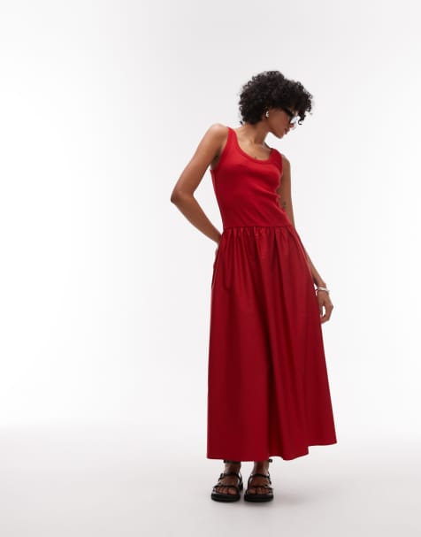 & Other Stories mixed jersey and woven maxi dress with volume hem in red - view 1