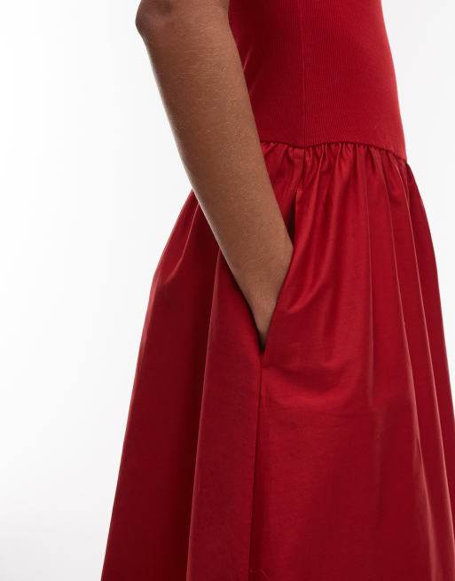 & Other Stories mixed jersey and woven maxi dress with volume hem in red