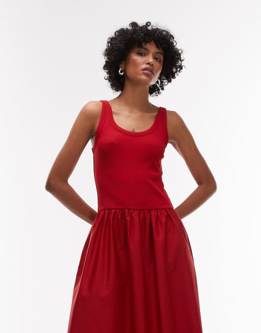 & Other Stories mixed jersey and woven maxi dress with volume hem in red