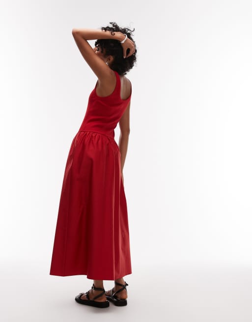 & Other Stories mixed jersey and woven maxi dress with volume hem in red