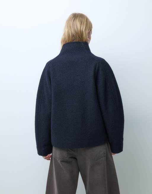 & Other Stories mock funnel neck textured wool mix short jacket in navy, 3 of 4