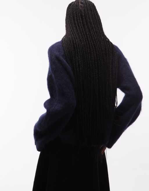 & Other Stories mohair and wool blend crew neck cardigan in navy, 3 of 4