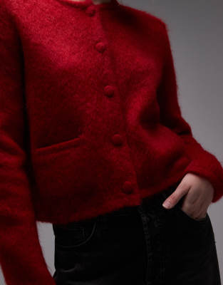 & Other Stories Mohair And Wool Blend Crew Neck Short Button Down Fitted Cardigan In Red