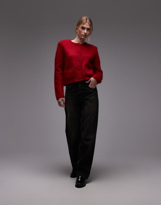 & Other Stories mohair and wool blend crew neck short button down fitted cardigan in red, 3 of 4