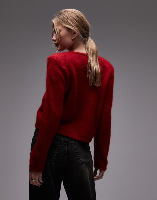 & Other Stories mohair and wool blend crew neck short button down fitted cardigan in red, 4 of 4