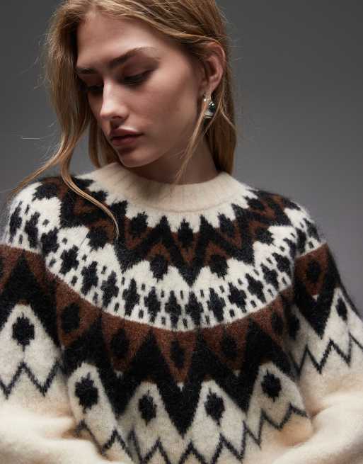 & Other Stories mohair and wool blend fair isle style knit sweater with brown jacquard zigzag pattern in white