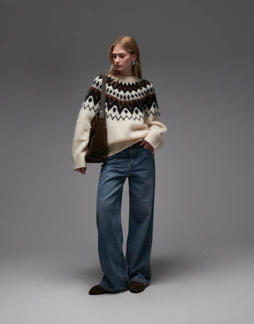 & Other Stories mohair and wool blend fair isle style knit sweater with brown jacquard zigzag pattern in white, 3 of 4