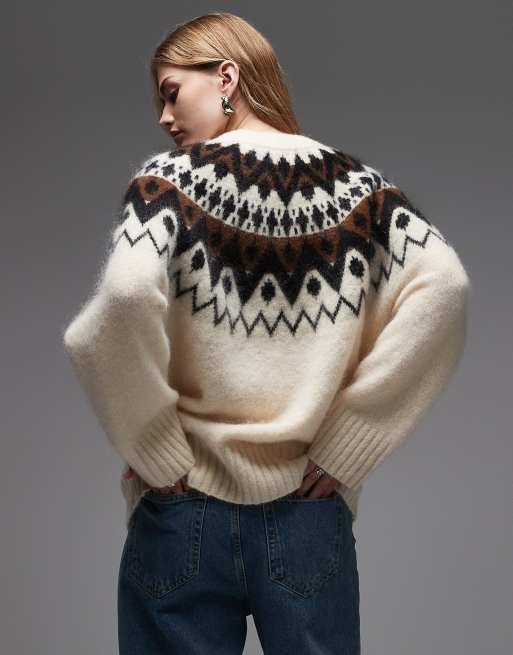 & Other Stories mohair and wool blend fair isle style knit sweater with brown jacquard zigzag pattern in white