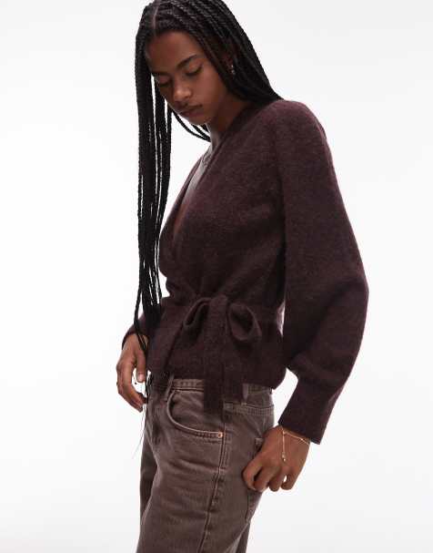& Other Stories mohair and wool hairy yarn wrap cardigan with puff sleeves in brown - view 1