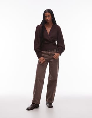 & Other Stories Mohair And Wool Hairy Yarn Wrap Cardigan With Puff Sleeves In Brown