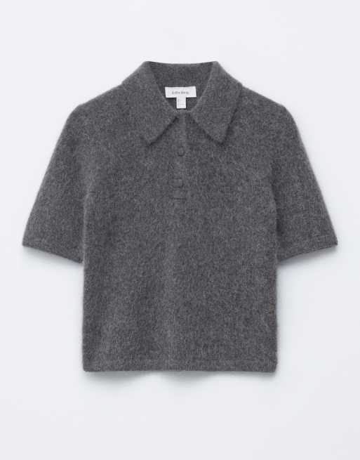 & Other Stories mohair and wool knit slim fit top with polo collar in gray, 3 of 4