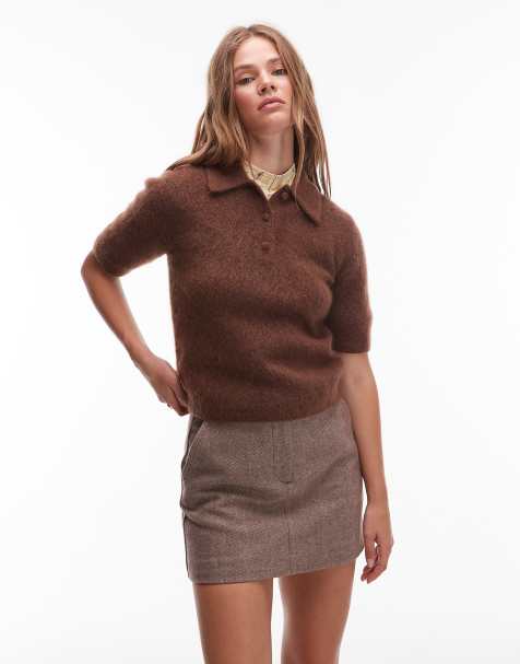 & Other Stories mohair and wool knitted slim fit top with polo collar in brown - view 1