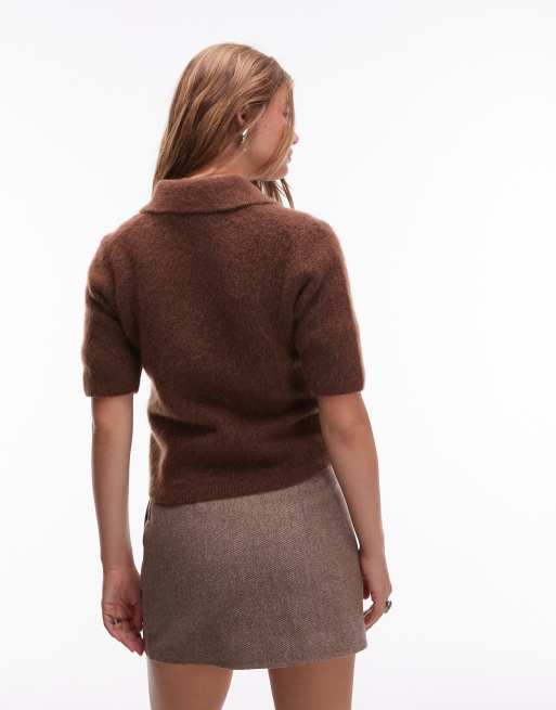 & Other Stories mohair and wool knitted slim fit top with polo collar in brown, 4 of 4