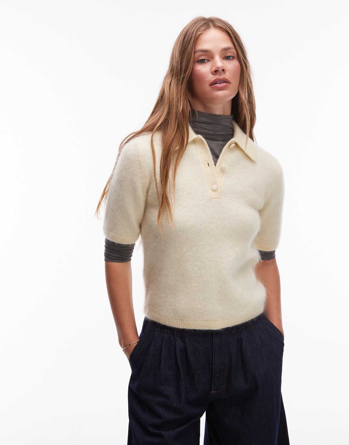& Other Stories mohair and wool knitted slim fit top with polo collar in yellow beige