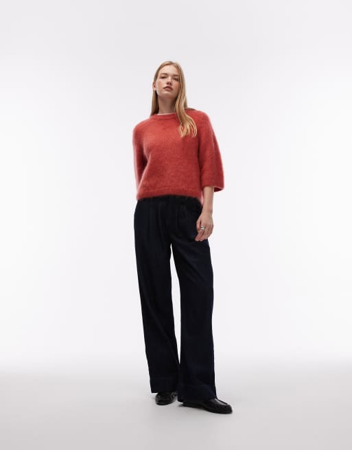 & Other Stories mohair and wool mix short sleeved boxy jumper in brick red, 4 of 4