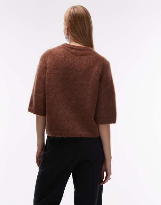 & Other Stories mohair and wool mix short sleeved boxy jumper in brown , 4 of 4