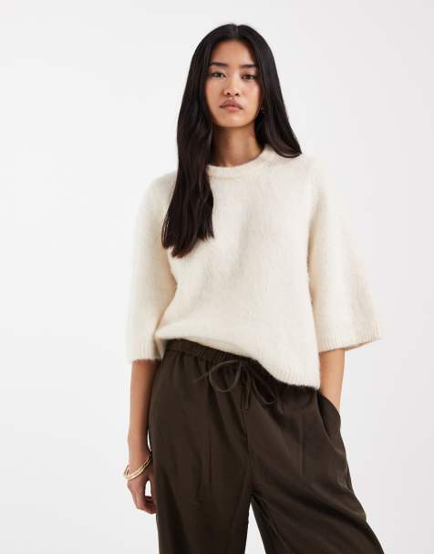 & Other Stories mohair and wool mix short sleeved boxy jumper in white - view 1