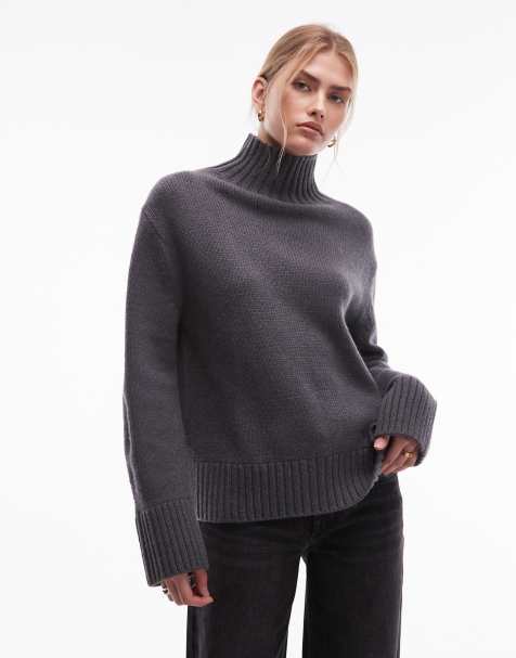 & Other Stories mohair rich and wool ribbed high turtle neck knitted jumper in dark grey