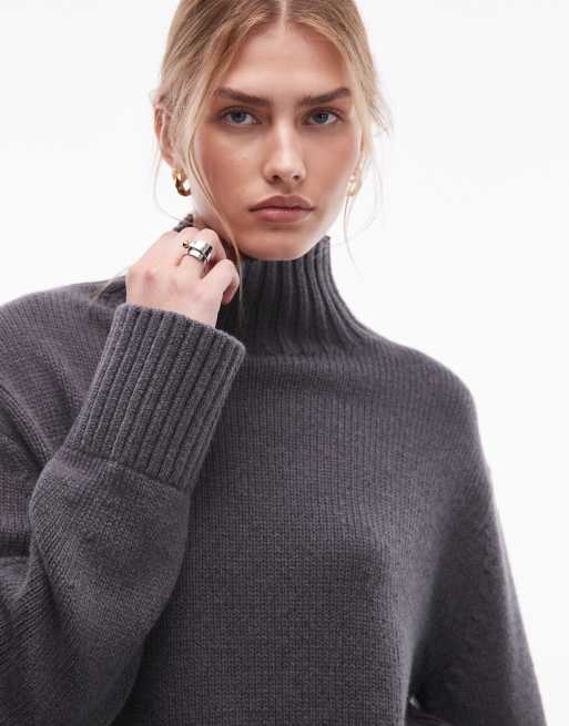 & Other Stories mohair rich and wool ribbed high turtle neck knitted jumper in dark grey, 3 of 4
