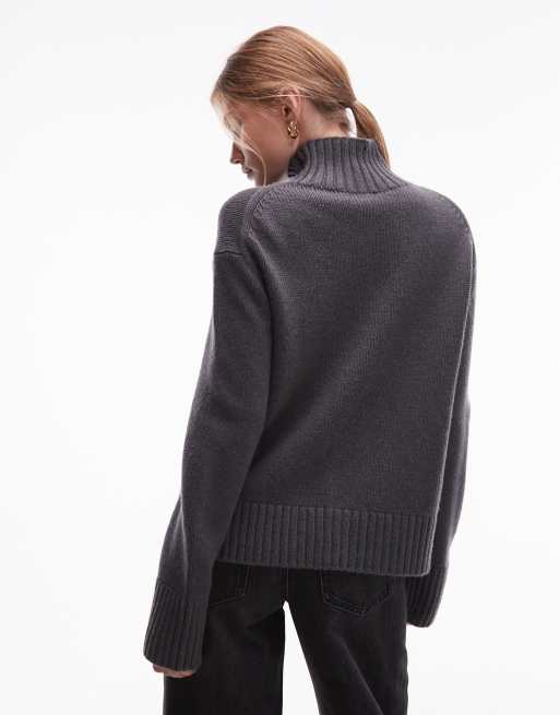 & Other Stories mohair rich and wool ribbed high turtle neck knitted jumper in dark grey, 4 of 4