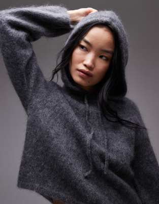 & Other Stories Mohair Supersoft Hairy Knit Hoodie With Tie Bow Detail In Gray