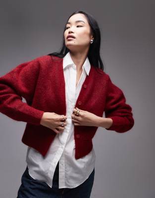 & Other Stories mohair wool blend fluffy knit cardigan in dark red φωτογραφία