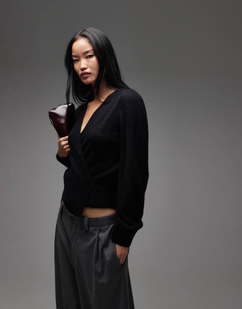 & Other Stories mohair & wool blend hairy yarn wrap cardigan with puff sleeves in black - view 1