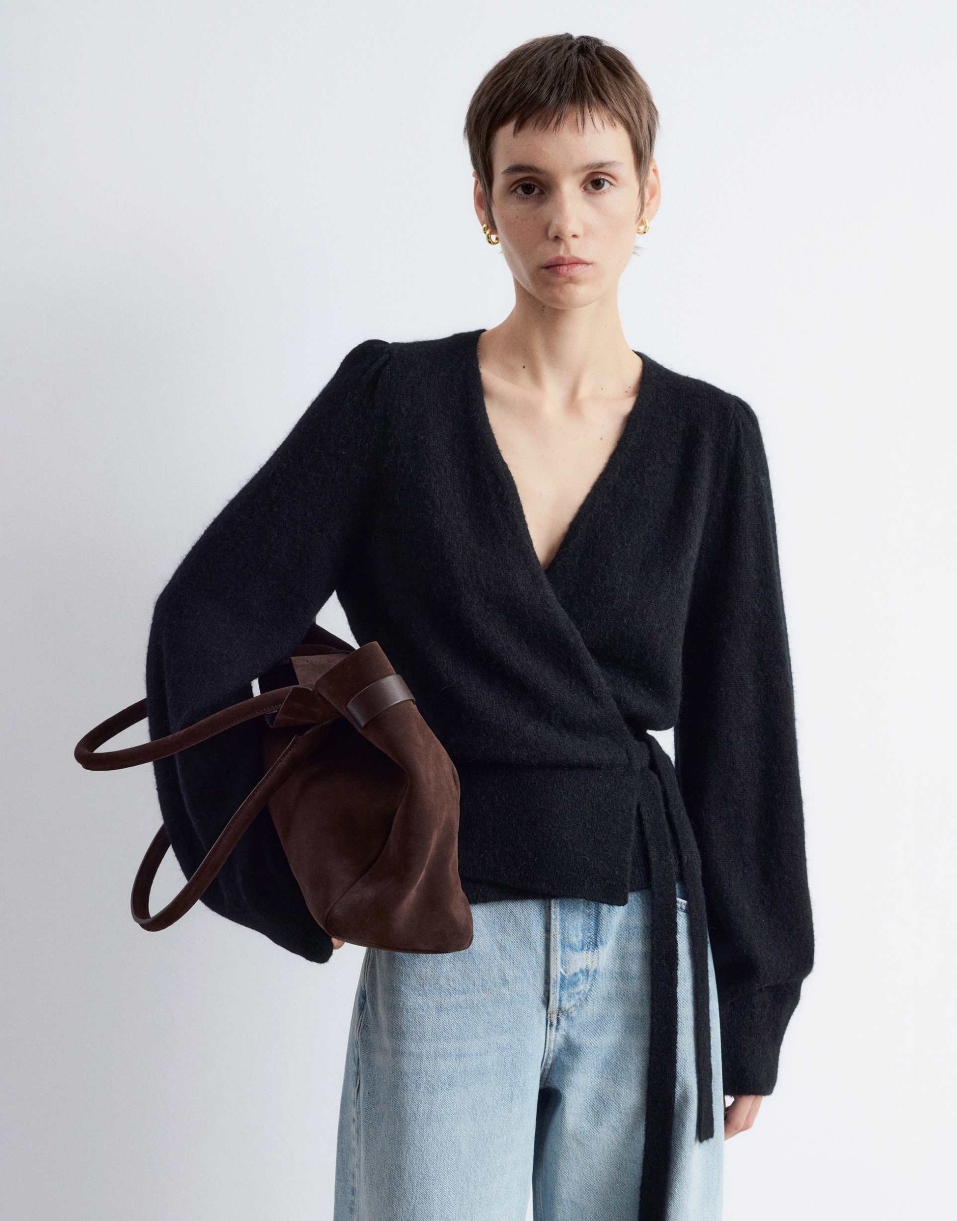 & other stories mohair & wool blend hairy yarn wrap cardigan with puff sleeves in black