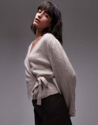 & Other Stories mohair & wool blend hairy yarn wrap cardigan with puff sleeves in mole-Brown