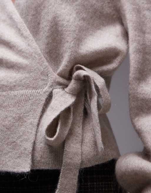 & Other Stories mohair & wool blend hairy yarn wrap cardigan with puff sleeves in mole, 3 of 4