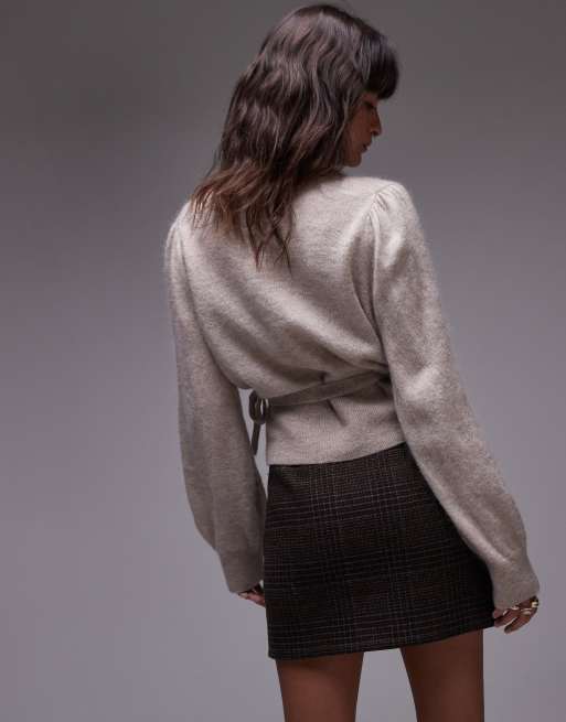 & Other Stories mohair & wool blend hairy yarn wrap cardigan with puff sleeves in mole, 4 of 4