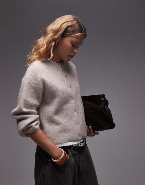 & Other Stories mohair & wool blend hairy yarn wrap cardigan with puff sleeves in mole - view 1