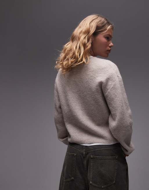 & Other Stories mohair & wool blend hairy yarn wrap cardigan with puff sleeves in mole