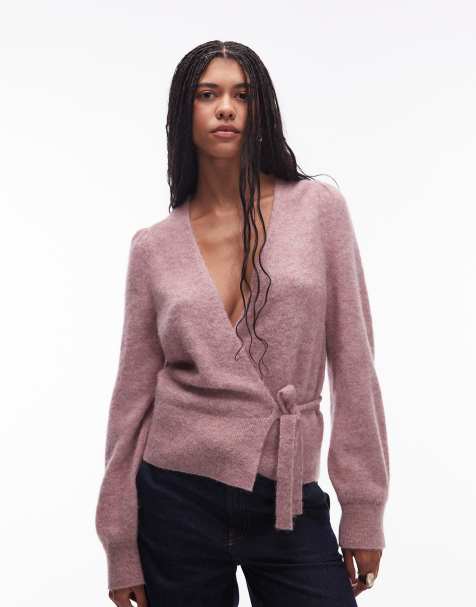 & Other Stories mohair & wool blend hairy yarn wrap cardigan with puff sleeves in pink - view 1