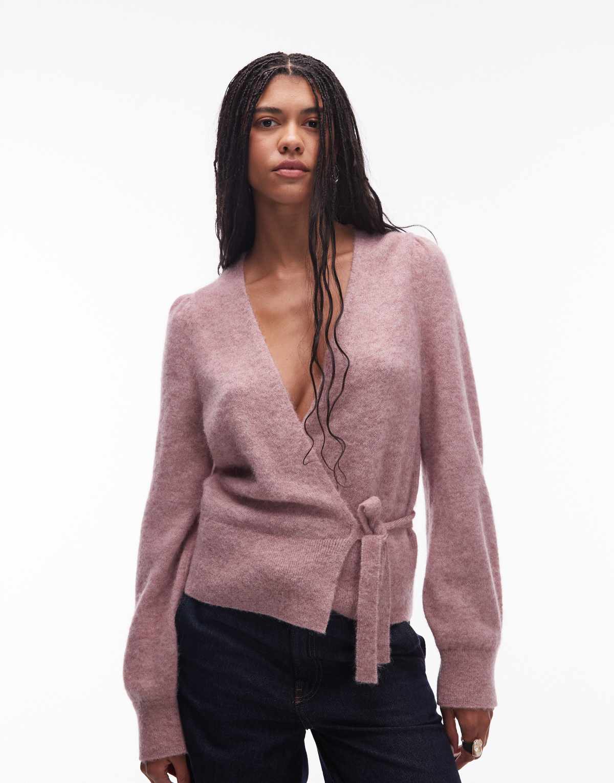 & Other Stories mohair & wool blend hairy yarn wrap cardigan with puff sleeves in pink