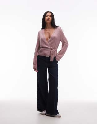 & Other Stories Mohair & Wool Blend Hairy Yarn Wrap Cardigan With Puff Sleeves In Purple