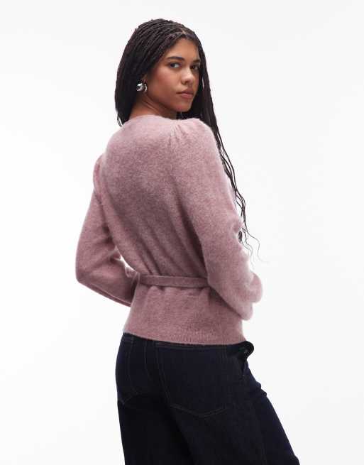 & Other Stories mohair & wool blend hairy yarn wrap cardigan with puff sleeves in pink