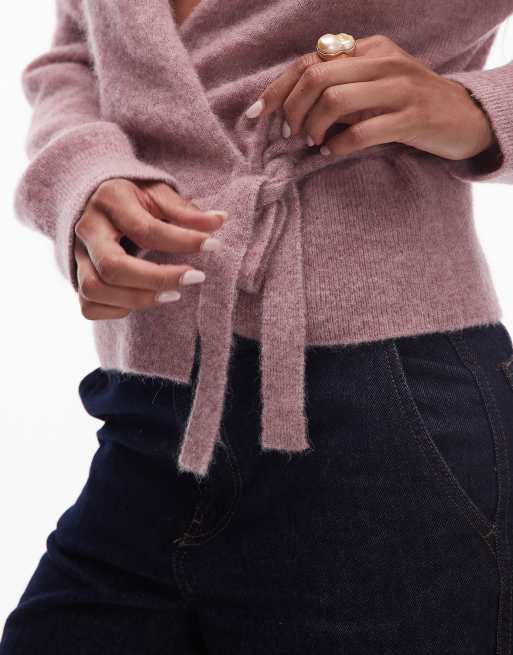 & Other Stories mohair & wool blend hairy yarn wrap cardigan with puff sleeves in pink