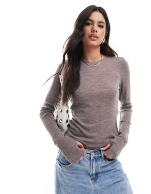 & Other Stories mohair & wool blend long sleeve top with thumbhole detail in mole-Gray