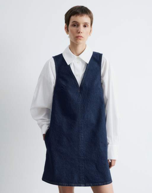 & Other Stories – Mörkblå, tvättad miniklänning i stretchig denim med v-ringning och dekorativ söm framtill