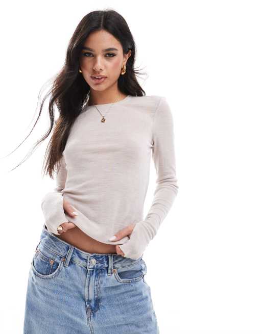 & Other Stories - Mørk beige top med lange ærmer i mohair- og uldblanding med tommelfingerhuller