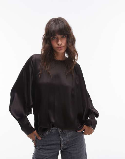 & Other Stories - Mørkebrun bluse med draperede detaljer og voluminøse ærmer