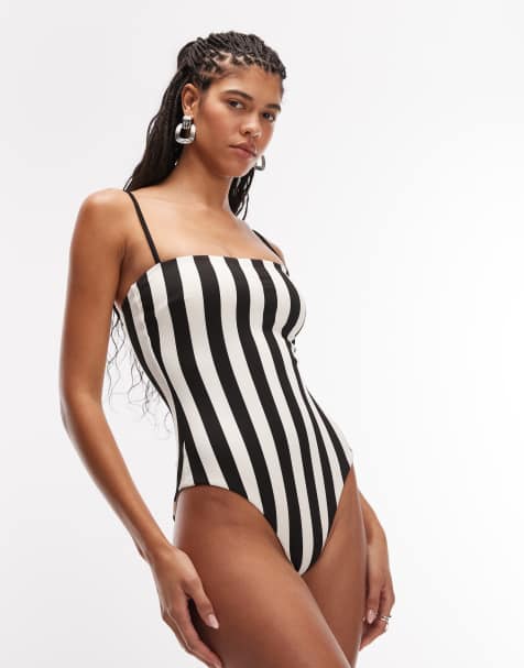 & Other Stories multi stripe square neck swimsuit in white and black - view 1