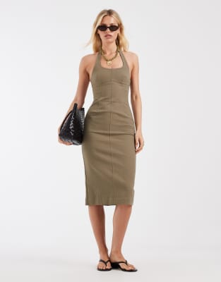 Neckholder-Midikleid in dunklem Khaki-Grün Grün 32
