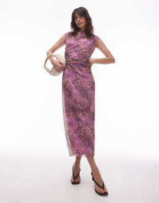& Other Stories - Netzstoff-Midikleid in Rosa mit abstraktem Print und drapiertem Detail-Lila