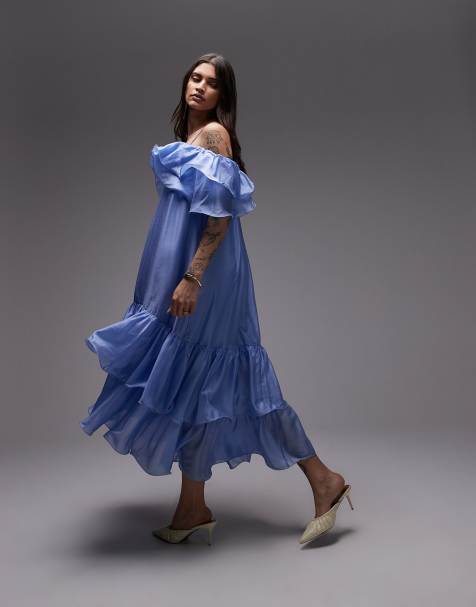 & Other Stories midaxi dress with off shoulder and double ruffle detail in blue