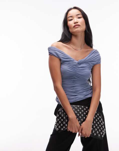 & Other Stories short sleeve mesh drapey ruched top in mid blue